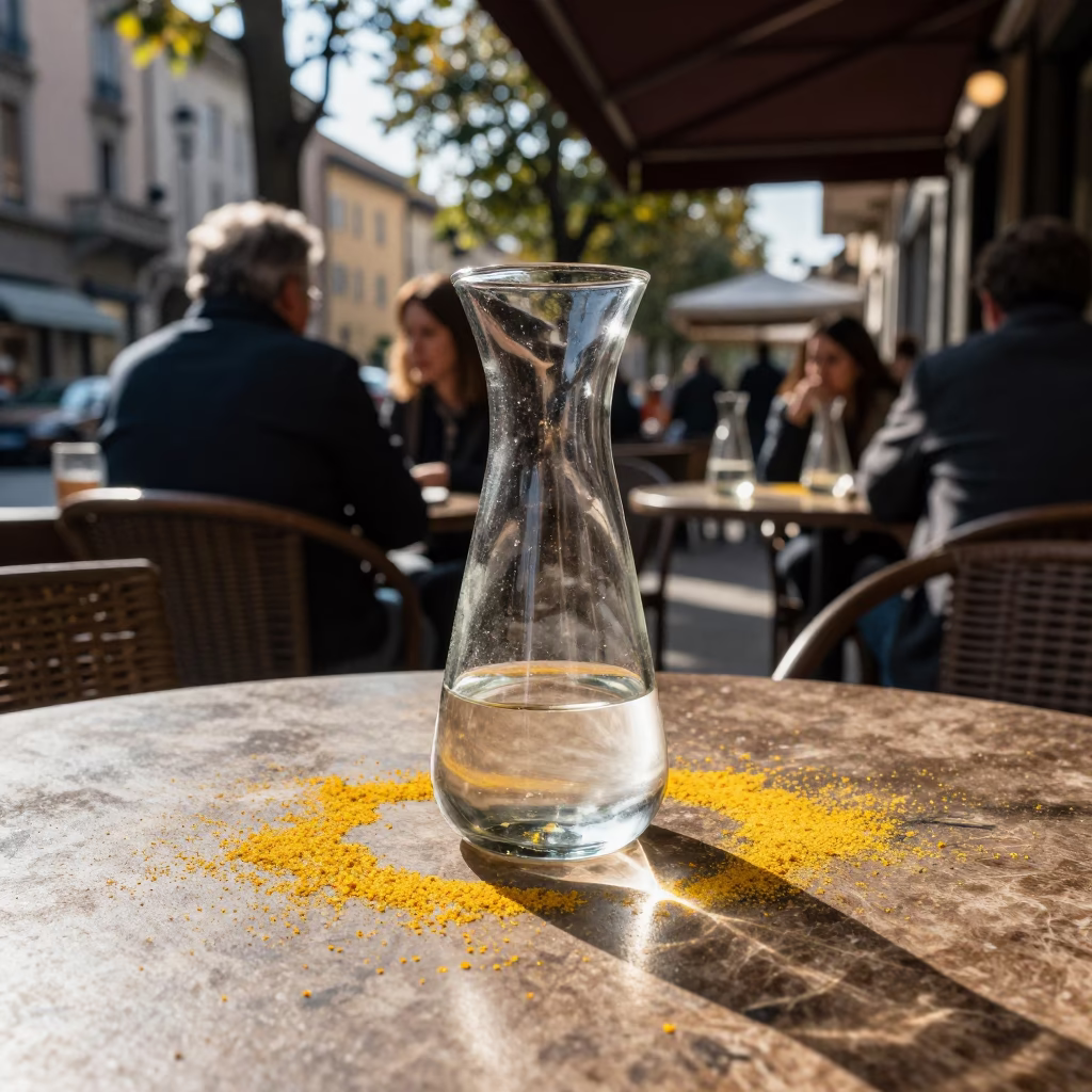 Sunlit Milanese Cafe Terrace with Glass Carafe and Pollen on Tile in Late Morning in in Milan, Italy