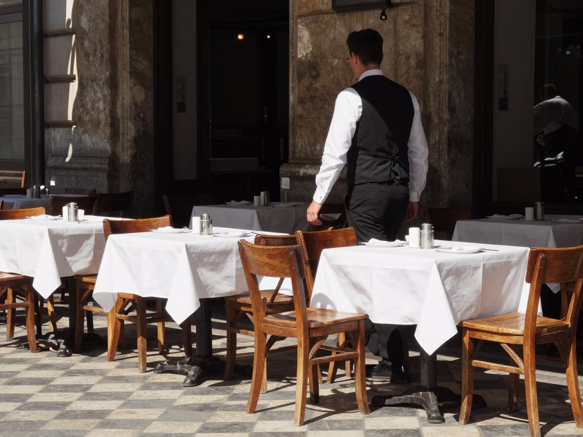 Sunlit Milanese Cafe Terrace with White Linen and Ceramic Cup at Midday in in Milan, Italy