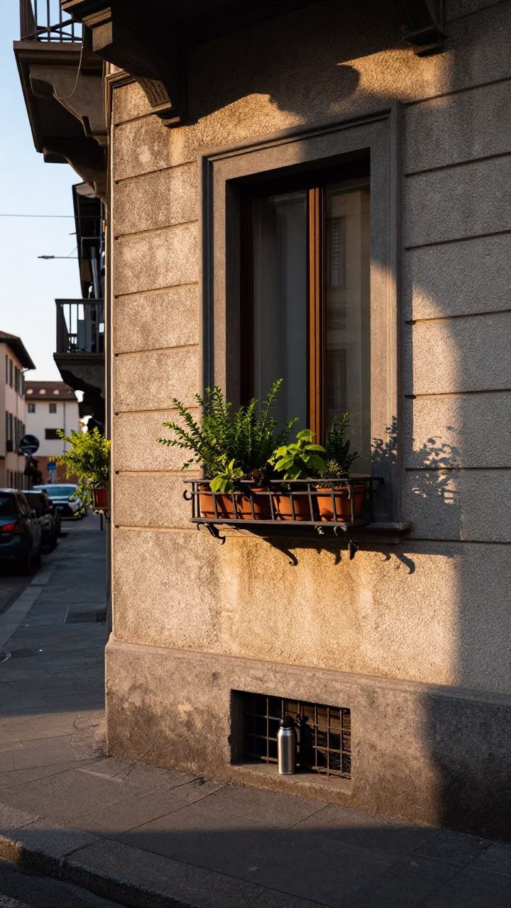 Sunlit Milanese Street Corner with Thermos and Window Box Plants at Dawn in in Milan, Italy