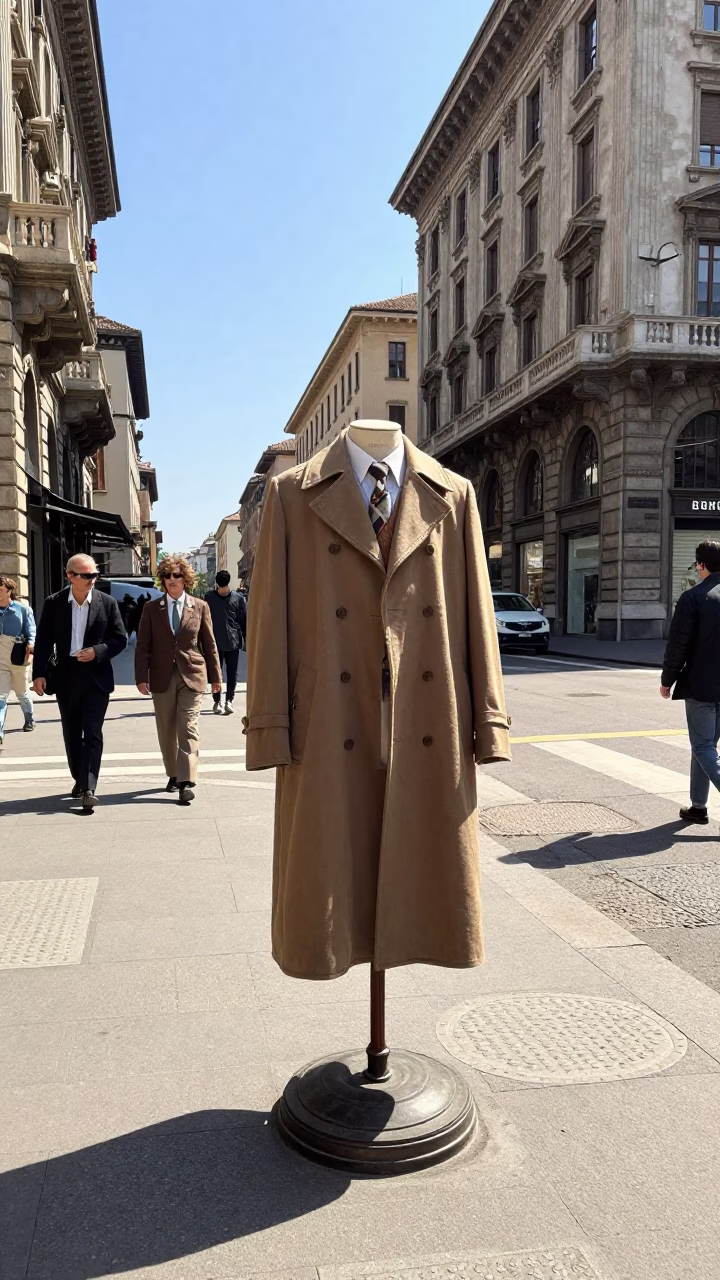 Sunlit Milanese Street Scene with Vintage Coat Stand and Urban Architecture in in Milan, Italy