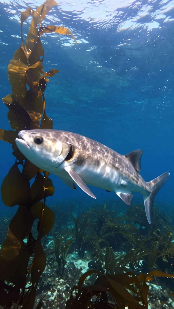 Sunlit Mola Mola Drifting Through Kelp Fringes in along a kelp-fringed shelf near Salvador