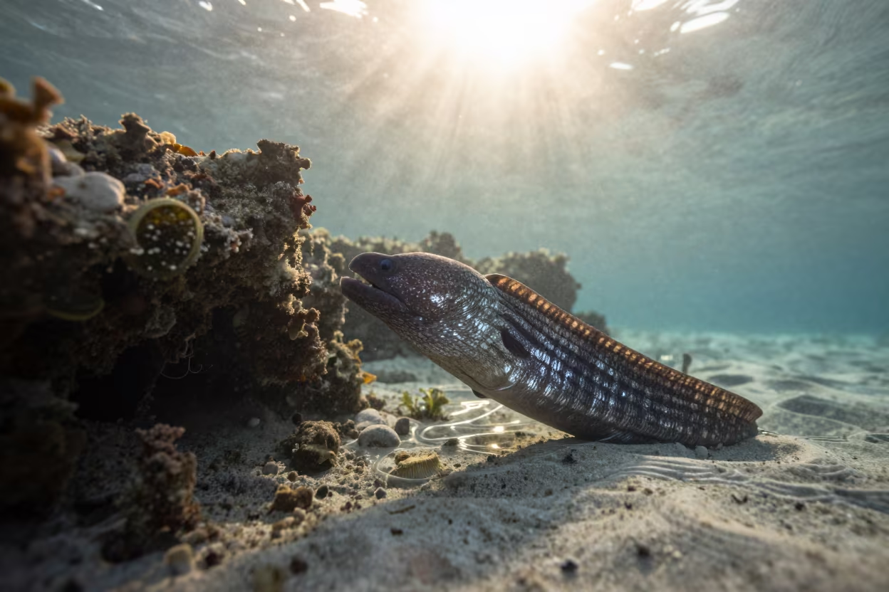 Sunlit Moray Eel in Belize Dawn Waters in beside a reef crevice under clear water near Belize City