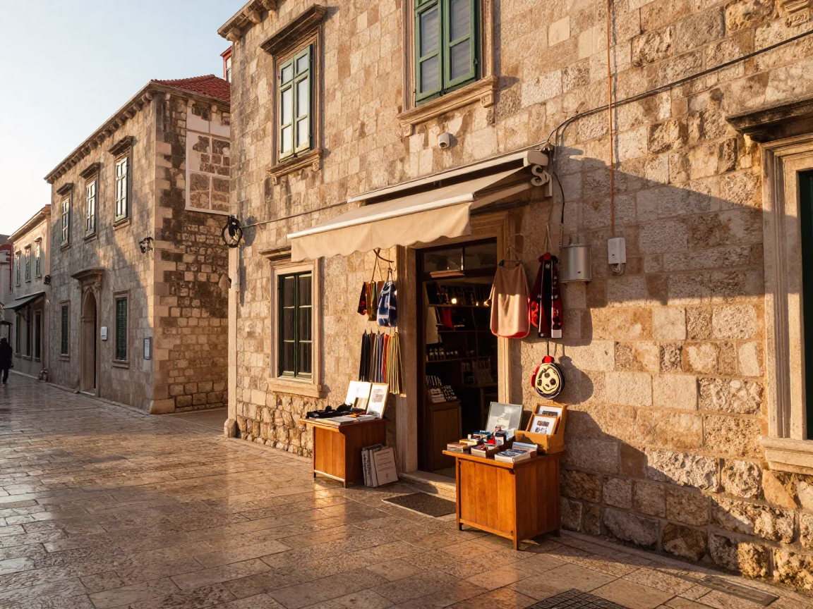 Sunlit Morning in Dubrovnik Old Town Street with Local Shop Display in in Dubrovnik, Croatia