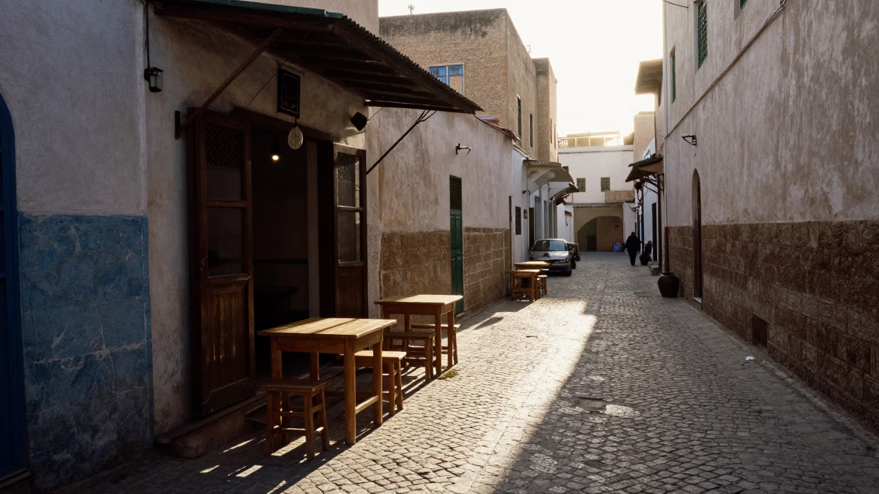Sunlit Morning in Fez Medina with Sun Stripe and Local Market Activity in in Fez, Morocco