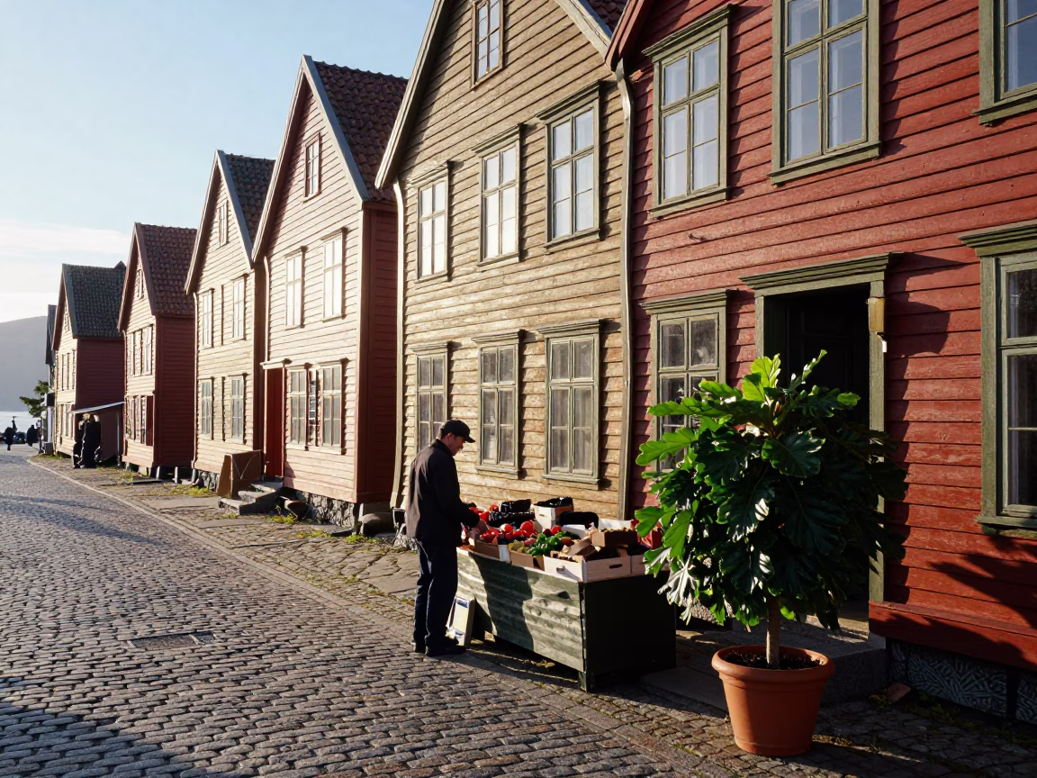 Sunlit Morning just after sunrise in Bergen in in Bergen, Norway