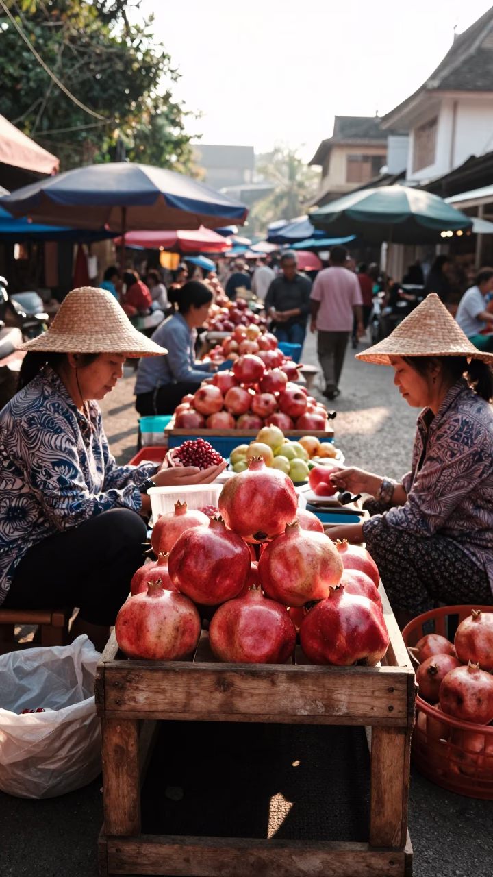 Sunlit Morning Market Scene with Fresh Pomegranates and Local Vendors in Luang Prabang Laos in in Luang Prabang, Laos