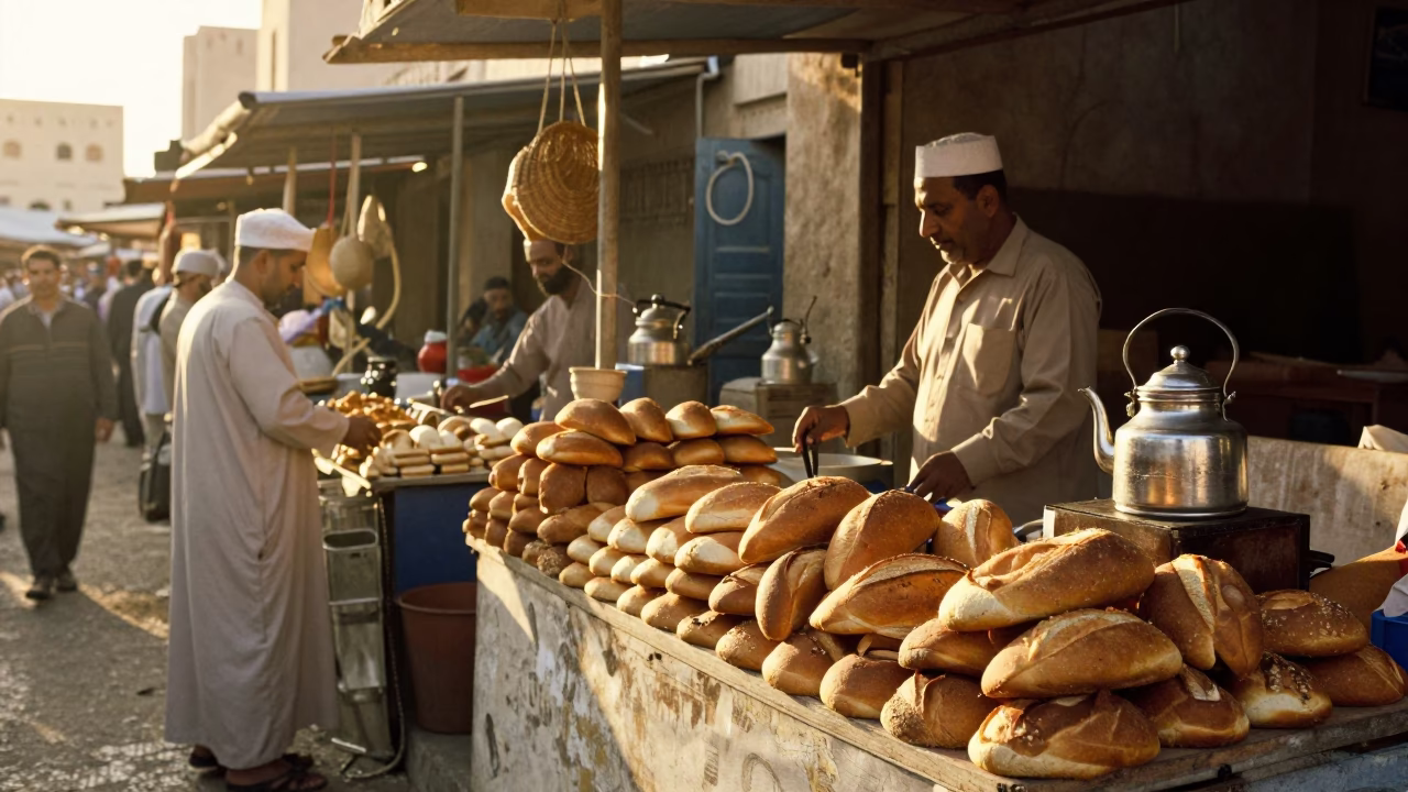 Sunlit Morning Market Stall in Muscat with Fresh Bread and Tea Kettle in in Muscat, Oman