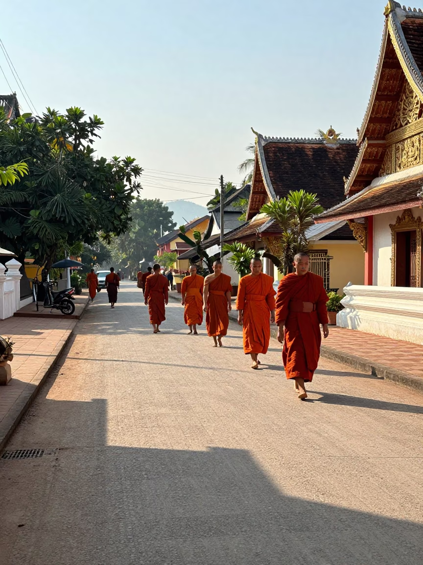Sunlit Morning Street Scene in Luang Prabang Laos with Monks and Daily Life in in Luang Prabang, Laos