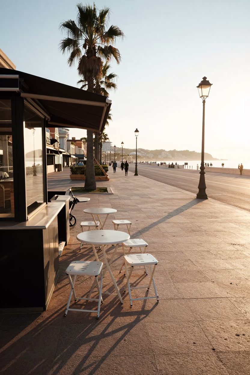 Sunlit Morning Street Scene in Nice France with Folding Stools and Café Activity in in Nice, France