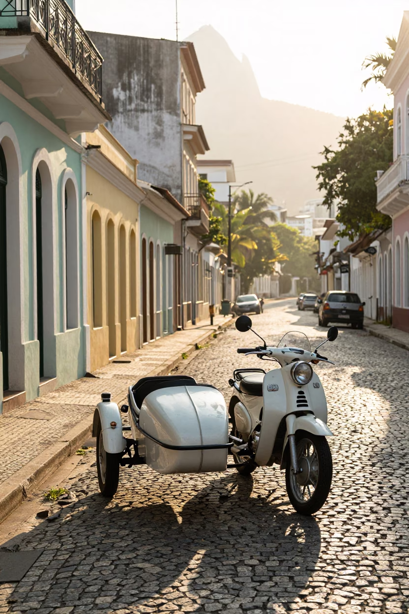 Sunlit Morning Street Scene in Rio de Janeiro Brazil with Vintage Motorcycle Sidecar in in Rio de Janeiro, Brazil