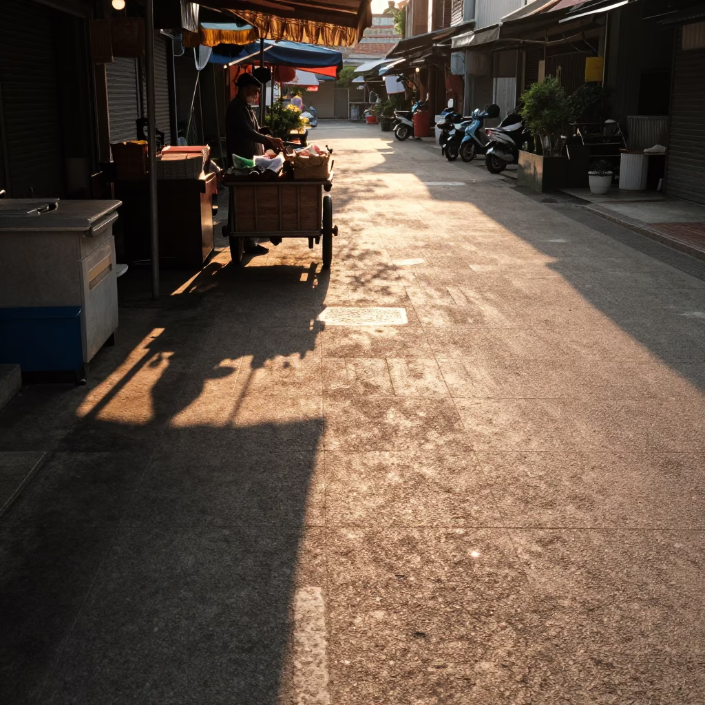 Sunlit Morning Street Scene in Tainan Taiwan with Wicker Shadows and Local Commerce in in Tainan, Taiwan