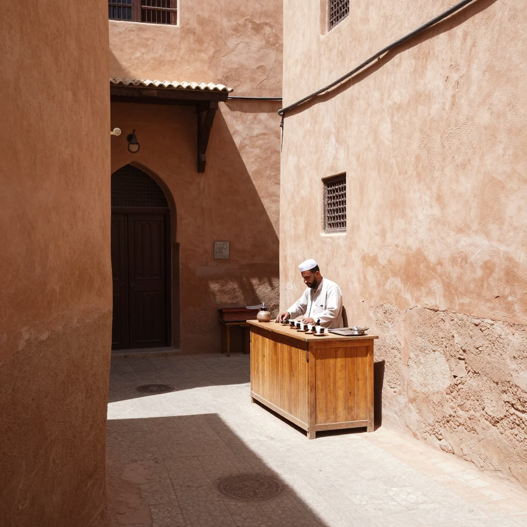 Sunlit Moroccan Courtyard in Fez with Traditional Tea Service and Textile Details in in Fez, Morocco