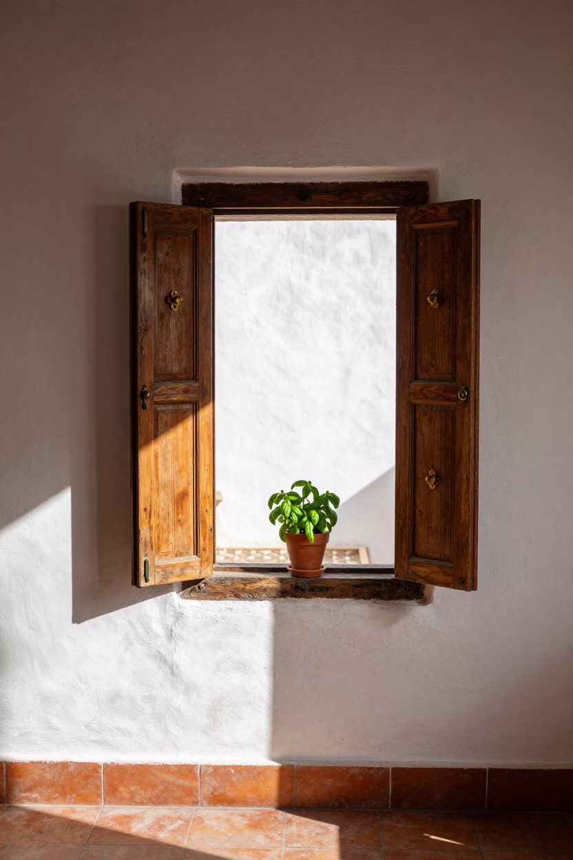 Sunlit Moroccan Kitchen Window in Essaouira with Brass Hardware and Cooking Pot in in Essaouira, Morocco
