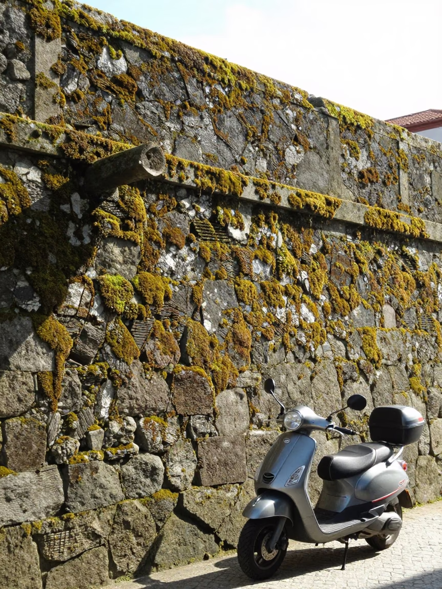 Sunlit Mossy Stone Wall and Scooter in Historic Porto Portugal Neighborhood in in Porto, Portugal