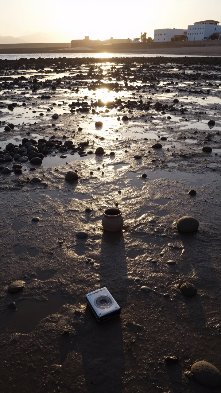 Sunlit Mudflat Pebbles and Clay Pot in Essaouira Morning Light in in Essaouira, Morocco