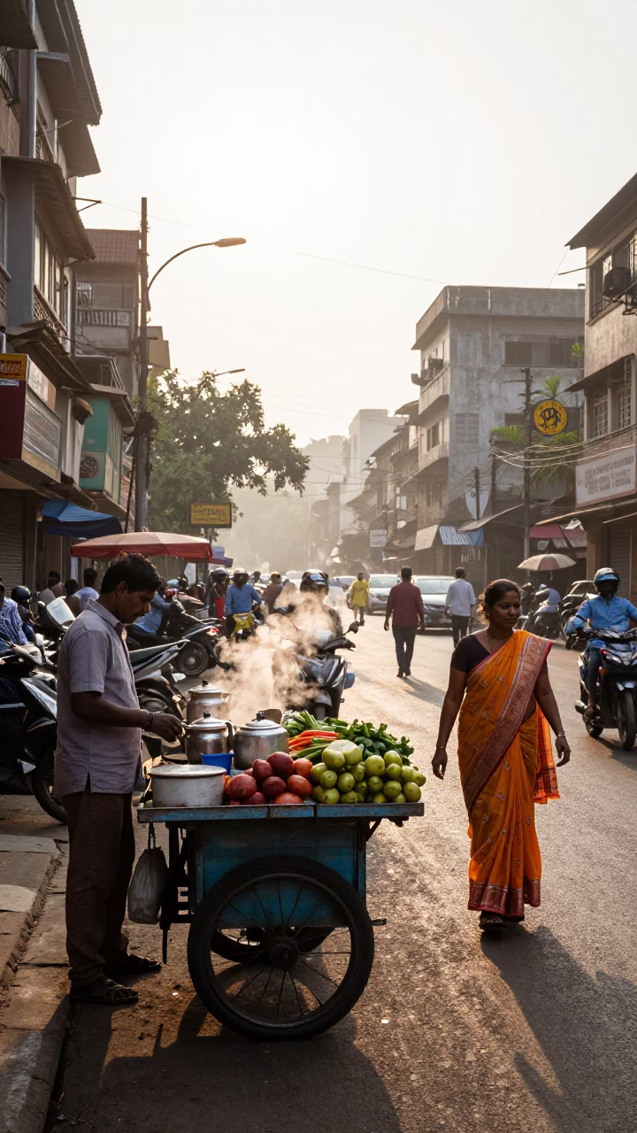Sunlit Mumbai Street Corner with Vendor Stall and Morning Commuters in in Mumbai, India