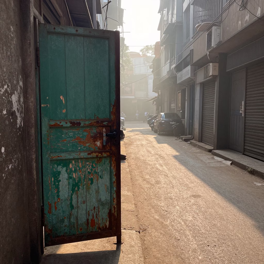 Sunlit Mumbai Street Scene with Rusty Metal Door and Morning Light in in Mumbai, India