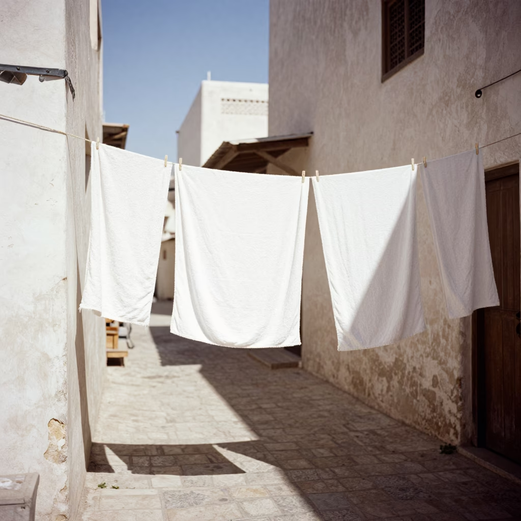 Sunlit Muscat Street Scene with Drying Towels and Traditional Architecture at Midday in in Muscat, Oman