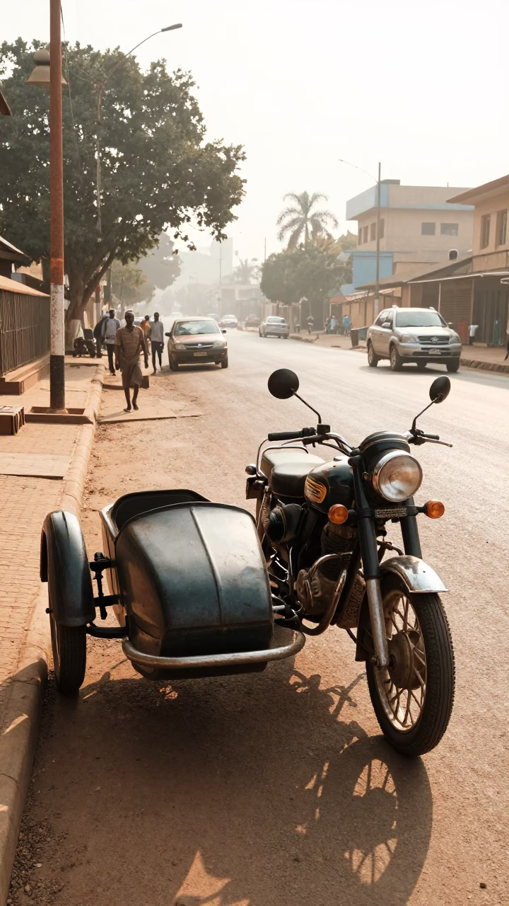 Sunlit Nairobi Street Scene with Vintage Motorcycle Sidecar and Local Market Activity in in Nairobi, Kenya