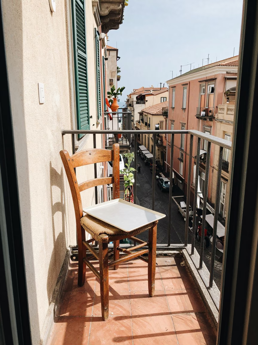 Sunlit Naples Balcony with Worn Chair and Baking Sheet in in Naples, Italy
