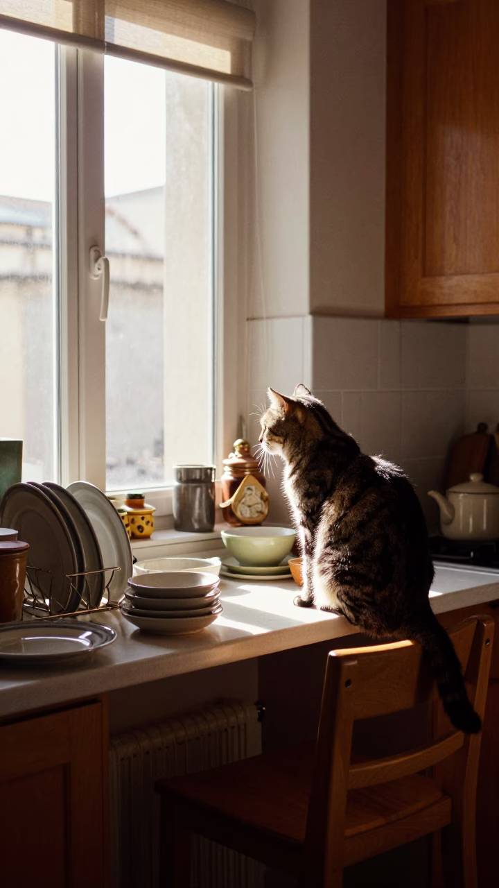 Sunlit Naples Kitchen Corner with Cat and Household Objects in in Naples, Italy