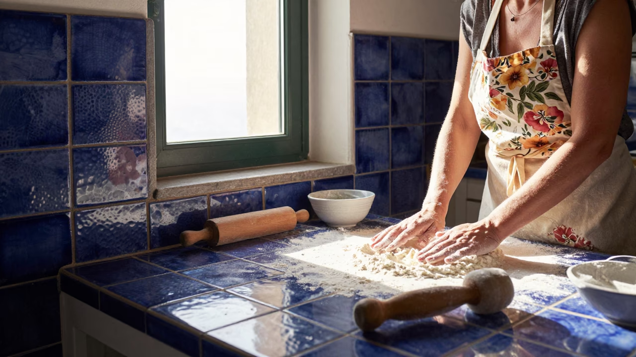 Sunlit Naples Kitchen Counter With Ceramic Tiles And Hammered Metal in in Naples, Italy