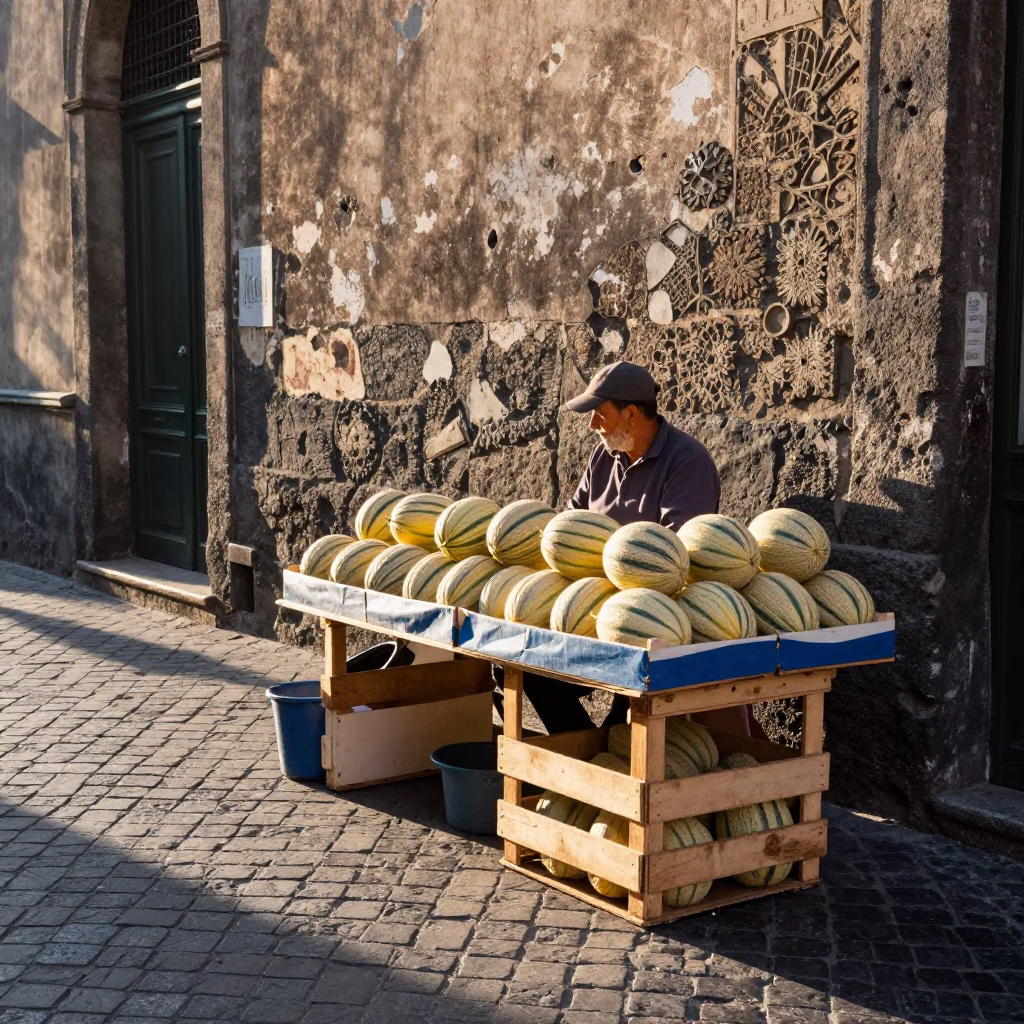 Sunlit Naples Market Stall Displaying Fresh Melons Near Historic Architecture in in Naples, Italy