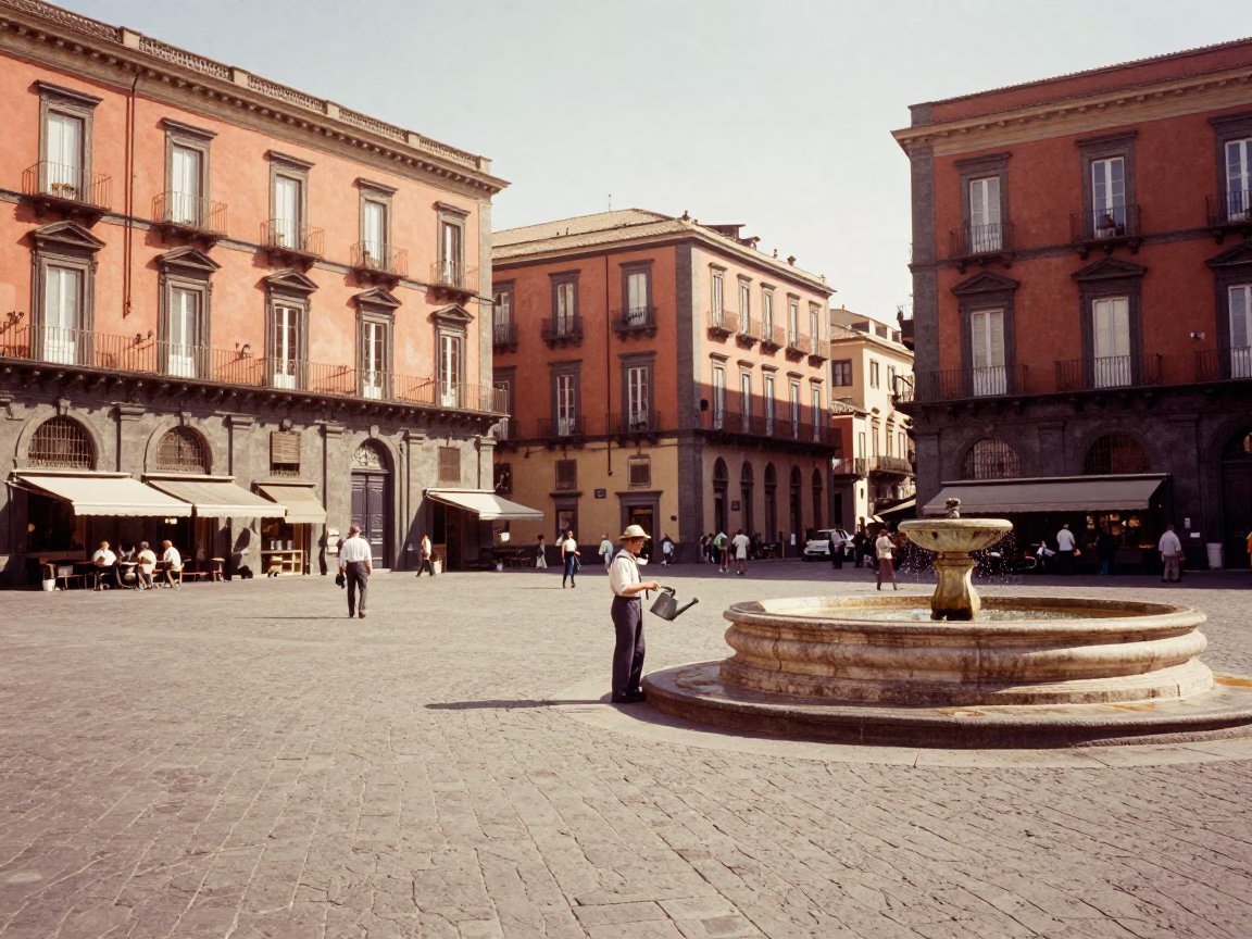 Sunlit Naples Piazza Street Scene with Watering Can and Local Architecture in in Naples, Italy