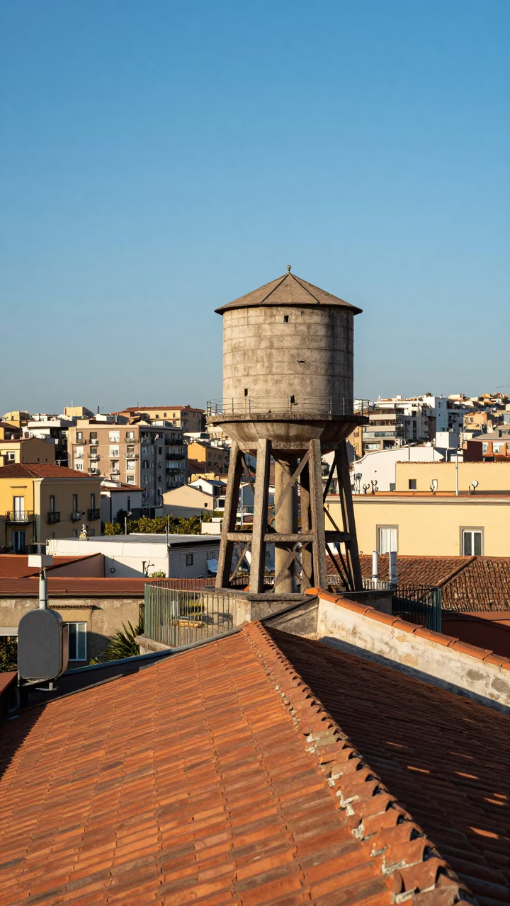Sunlit Naples Rooftop with Water Tower and Cityscape in in Naples, Italy