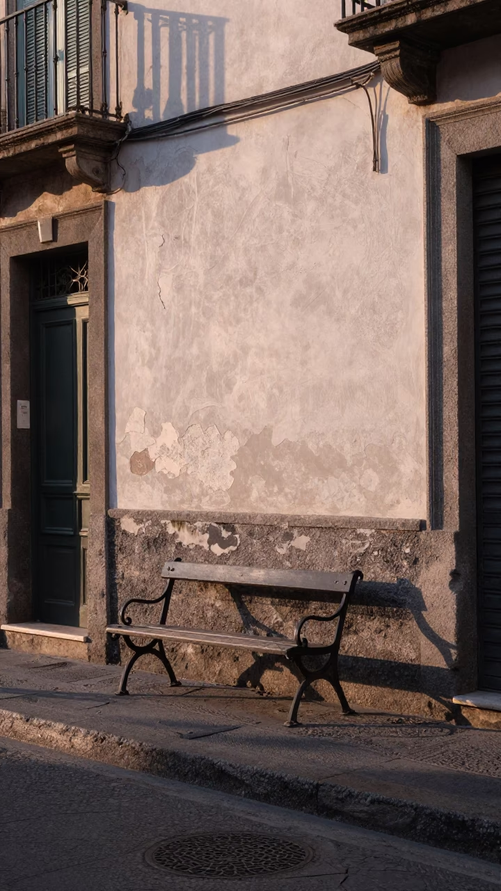 Sunlit Naples Street Corner with Cast Iron Bench and Morning Coffee Ritual in in Naples, Italy