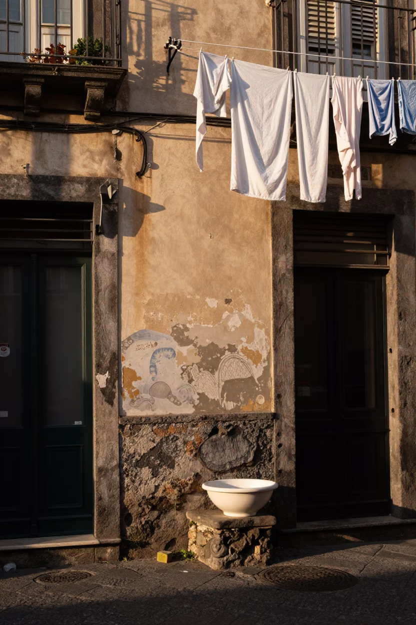 Sunlit Naples Street Corner with Ceramic Basin and Morning Light in in Naples, Italy