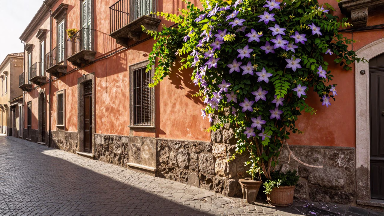 Sunlit Naples Street Corner with Clematis Vine and Traditional Espresso Cup in in Naples, Italy