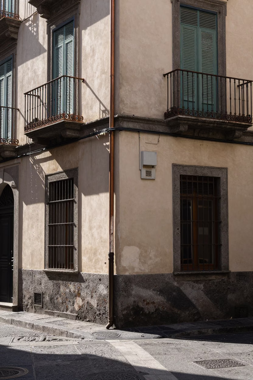 Sunlit Naples Street Corner with Condensation and Local Life in in Naples, Italy