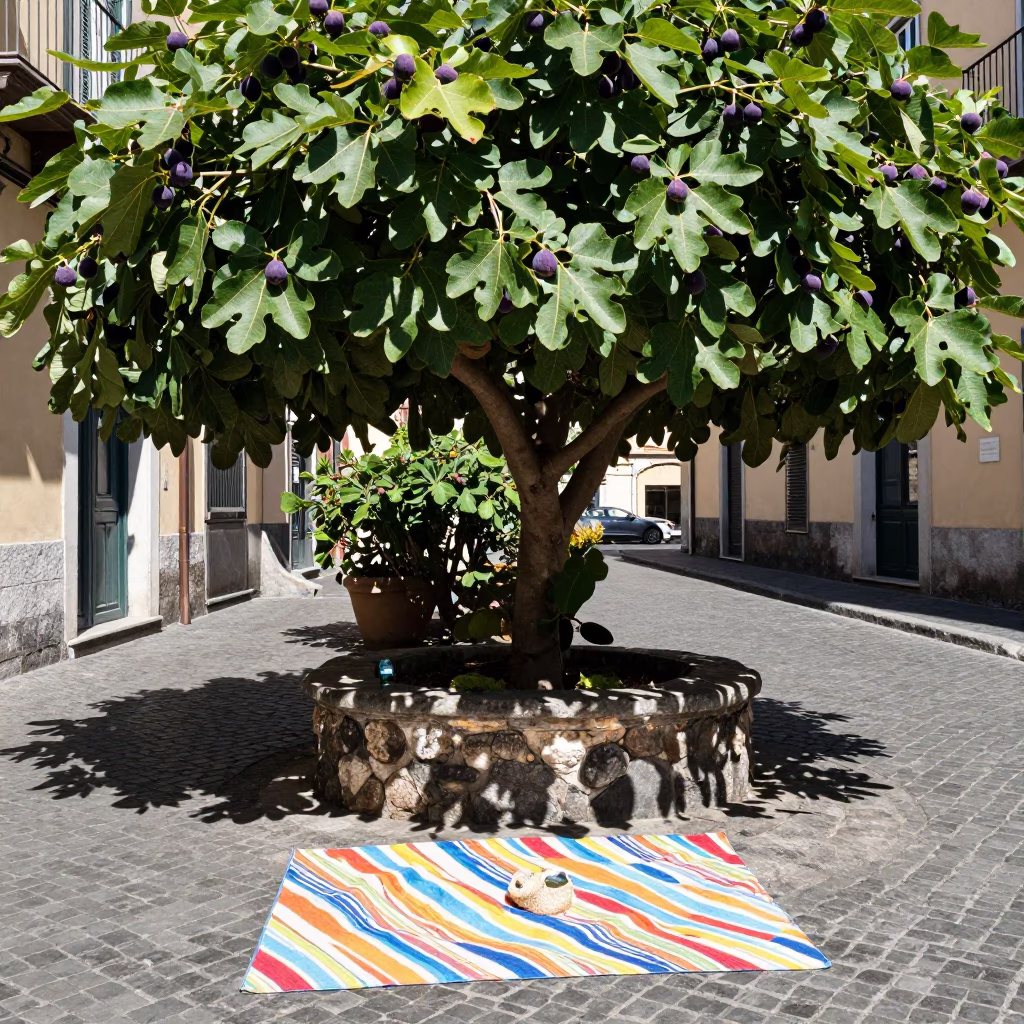 Sunlit Naples Street Corner with Fig Tree and Picnic Basket in in Naples, Italy