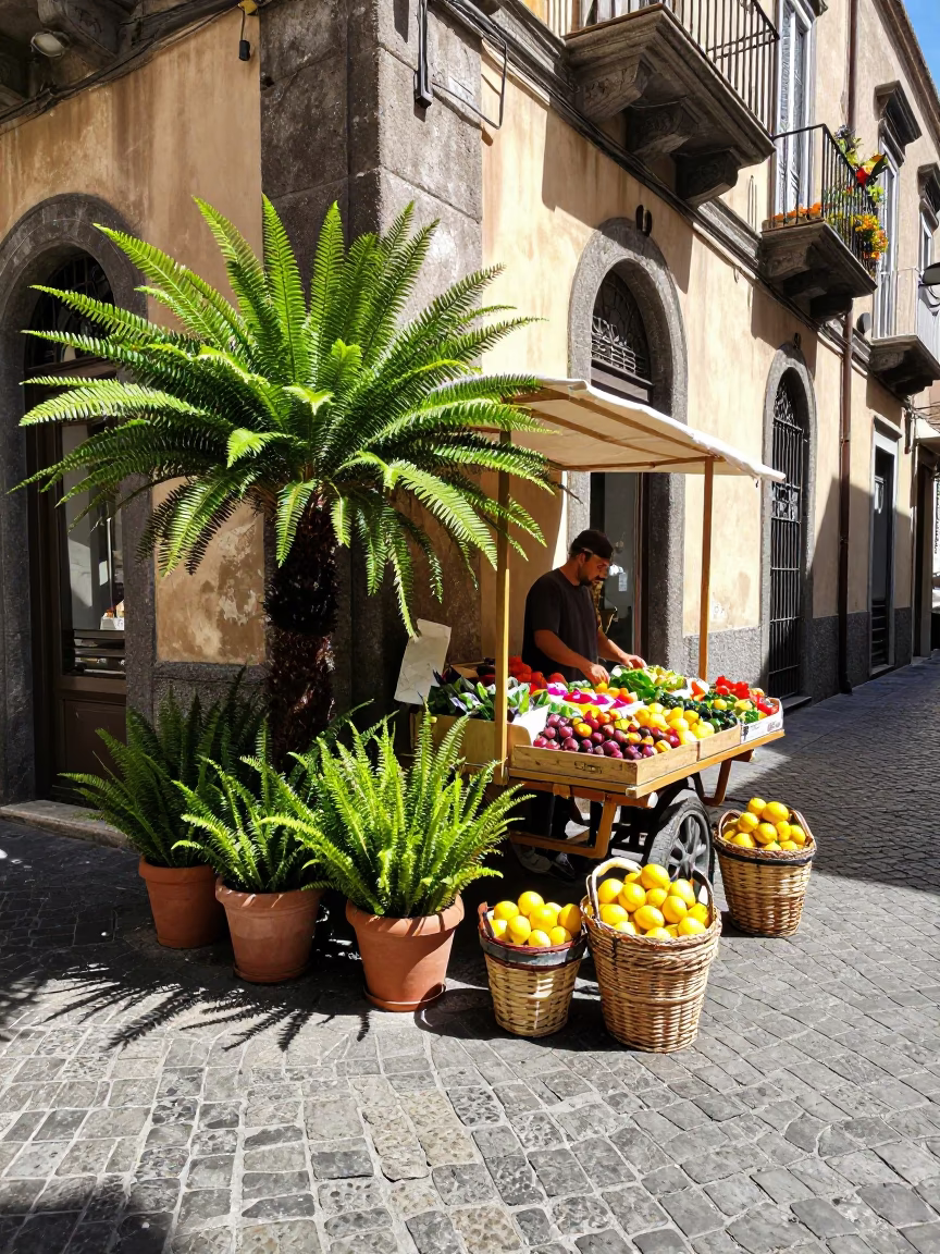 Sunlit Naples street corner with potted ferns and woven baskets in in Naples, Italy