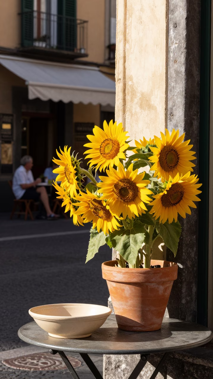 Sunlit Naples Street Corner with Sunflowers and Local Dining Details in in Naples, Italy
