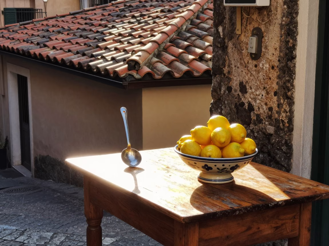 Sunlit Naples Street Corner with Tea Infuser Spoon and Fruit Bowl in in Naples, Italy