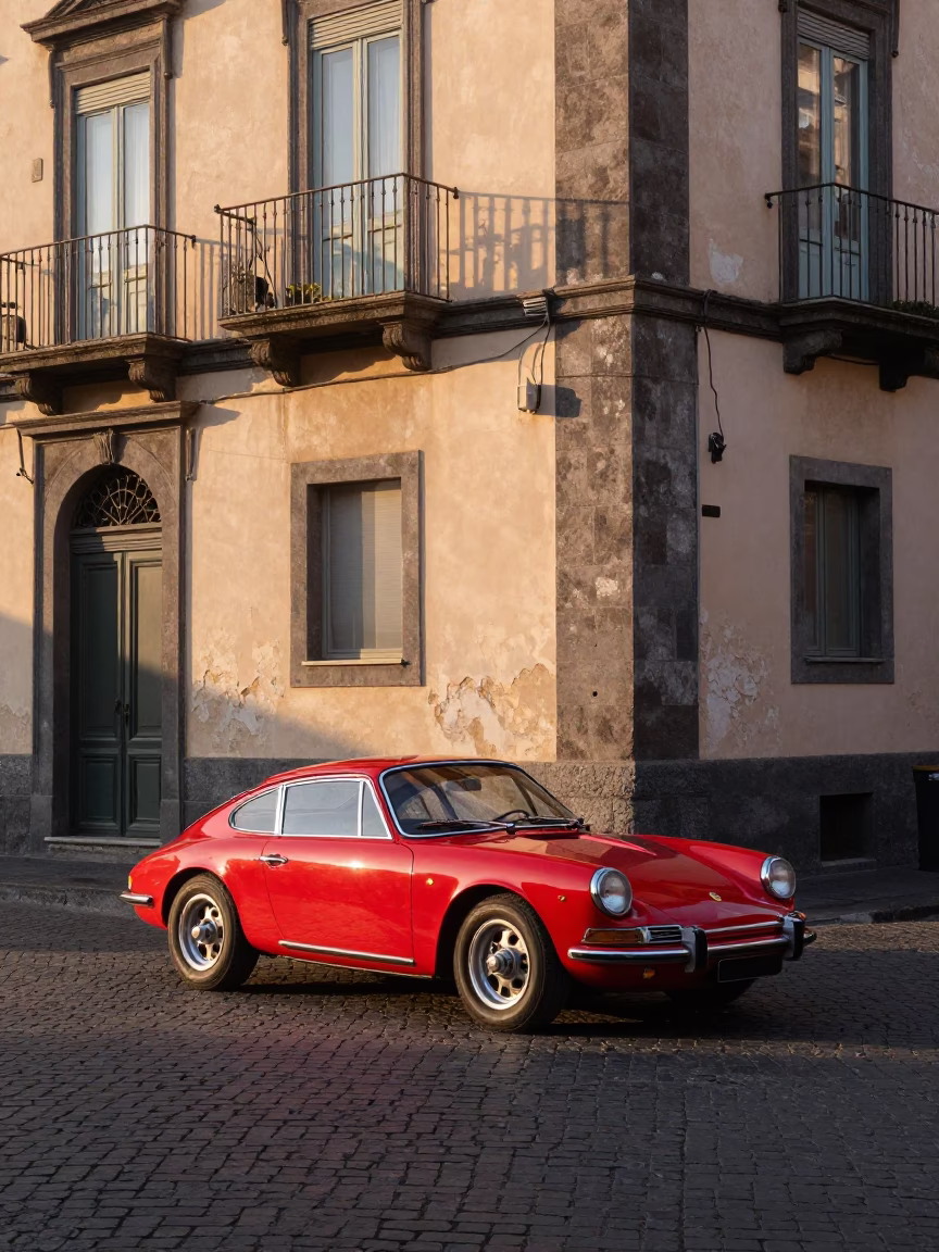 Sunlit Naples Street Corner with Vintage Red Sports Car and Local Life in in Naples, Italy