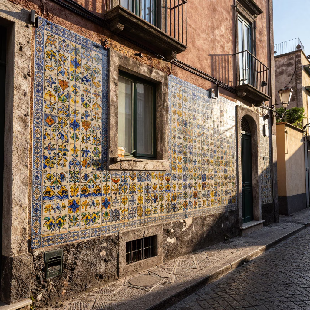 Sunlit Naples Street Scene with Colorful Tile and Morning Light in in Naples, Italy