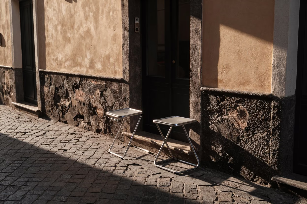 Sunlit Naples Street Scene with Folding Stools and Morning Light in in Naples, Italy