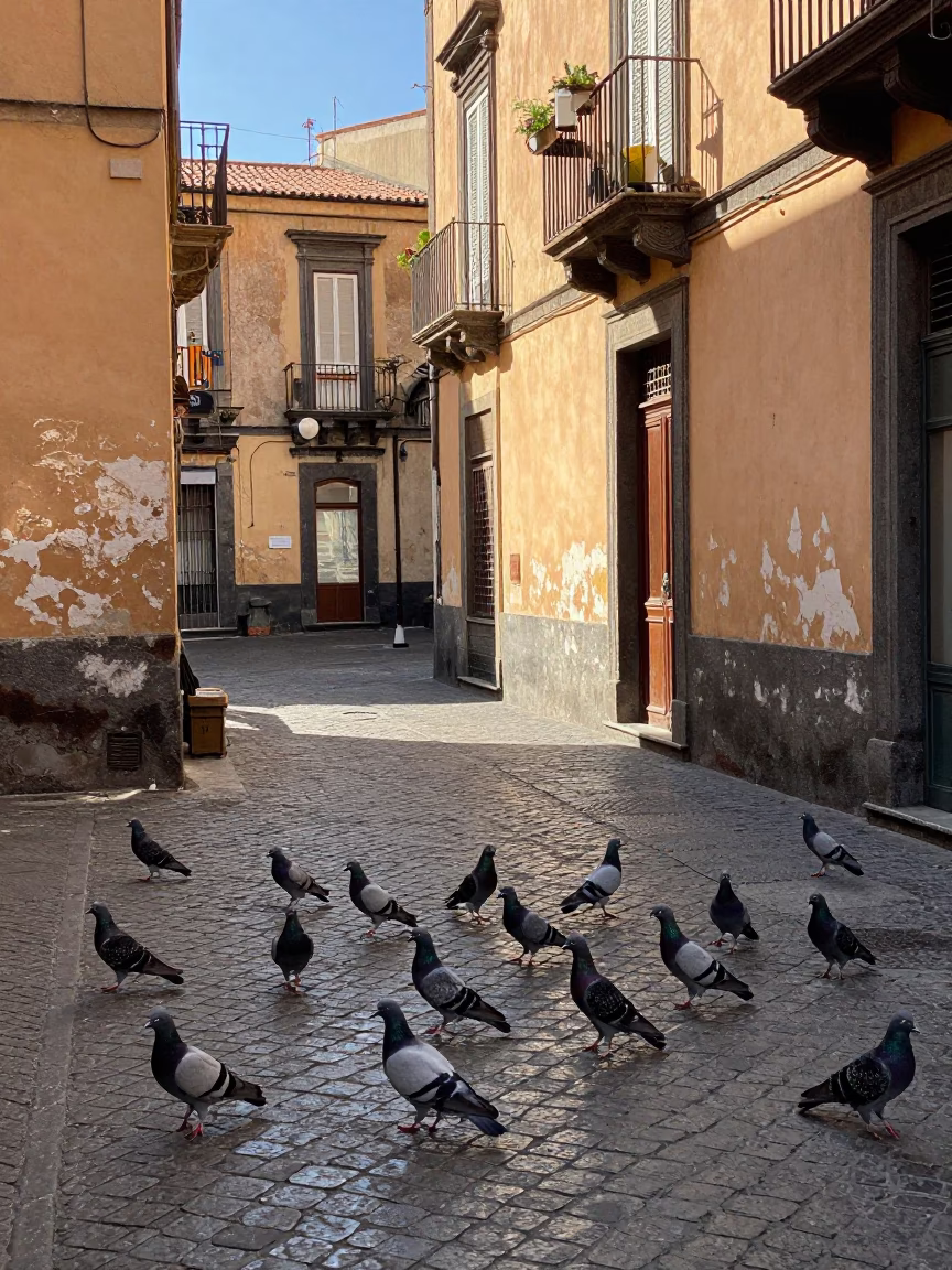 Sunlit Naples Street Scene with Pigeons and Traditional Architecture in in Naples, Italy