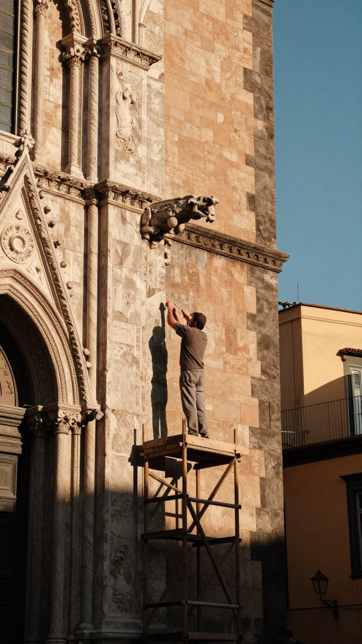 Sunlit Naples Street Scene with Stone Mason Chiseling Cathedral Gargoyle Scaffold Detail in in Naples, Italy
