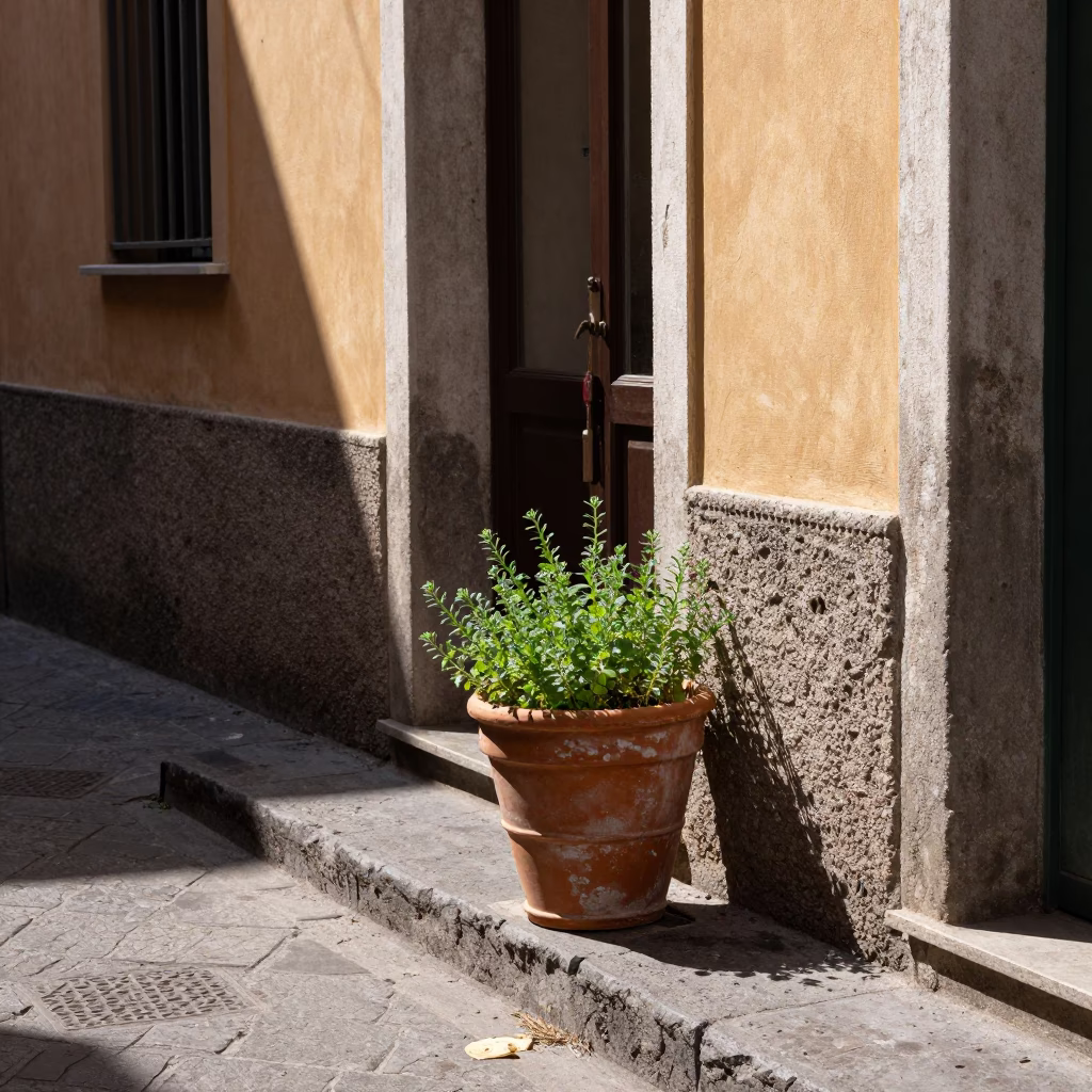 Sunlit Naples Street Scene with Terracotta Pot and Bread Loaves at Midday in in Naples, Italy