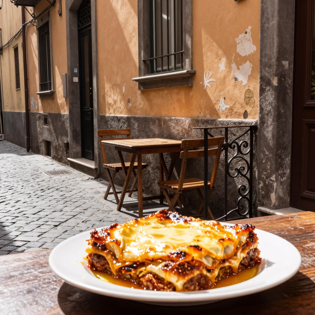 Sunlit Naples Street Scene with Traditional Baked Moussaka Dish on Wooden Table in in Naples, Italy