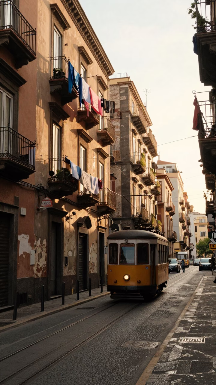 Sunlit Naples Street Scene with Tram and Local Life After Sunrise in in Naples, Italy