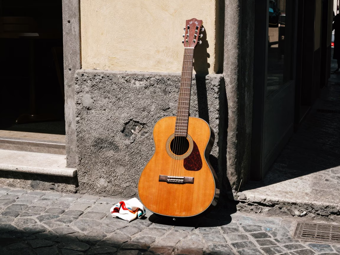 Sunlit Naples Street Scene with Vintage Guitar and Handkerchief in Midday Light in in Naples, Italy
