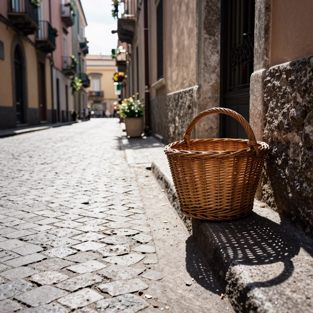 Sunlit Naples Street Scene with Wicker Basket Shadow and Old Stone Architecture in in Naples, Italy