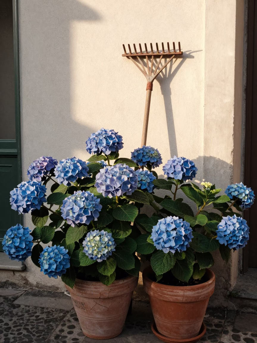 Sunlit Naples Terrace Hydrangeas and Vintage Rake Heads in in Naples, Italy