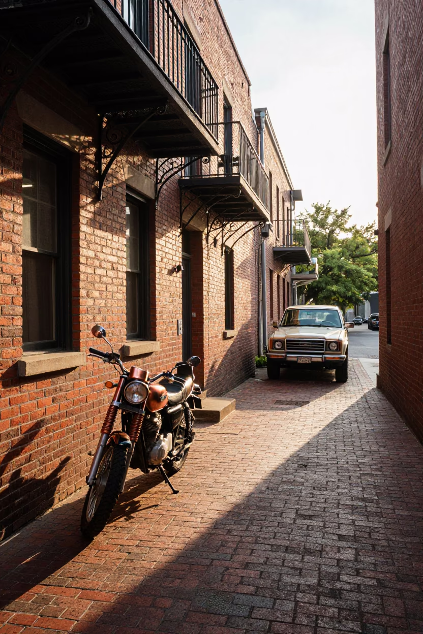 Sunlit Nashville Brick Alleyway with Vintage Motorcycle and Copper Tray in in Nashville, Tennessee, United States