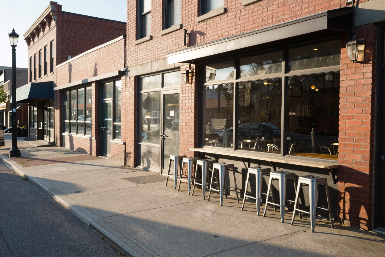 Sunlit Nashville Street Scene with Bar Stools and Local Morning Activity in in Nashville, Tennessee, United States